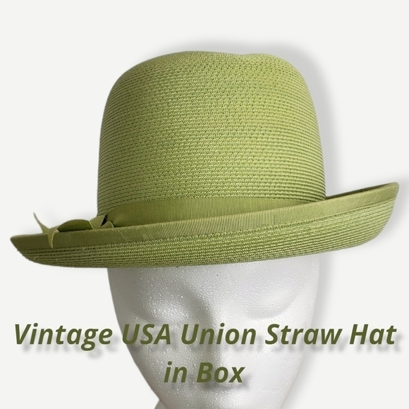 Vintage Straw Bowler Hat Apple Green Union USA Made in Hat Box EUC main image 11